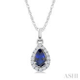 5x3 MM Pear Shape Sapphire and 1/20 Ctw Round Cut Diamond Halo Precious Pendant with Chain in 10K White Gold