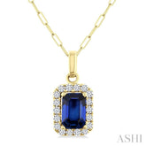 6x4 MM Octagonal Shape Sapphire and 1/6 Ctw Round Cut Diamond Halo Precious Pendant with Chain in 14K Yellow Gold