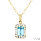6x4 MM Octagonal Shape Aquamarine and 1/6 Ctw Round Cut Diamond Halo Semi-Precious Pendant with Chain in 14K Yellow Gold