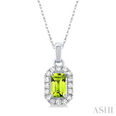 5x3 MM Octagonal Shape Peridot and 1/20 Ctw Single Cut Diamond Halo Semi-Precious Pendant with Chain in 14K White Gold