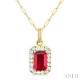 6x4 MM Octagonal Shape Ruby and 1/6 Ctw Round Cut Diamond Halo Precious Pendant with Chain in 14K Yellow Gold