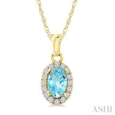5x3 MM Oval Shape Aquamarine and 1/20 Ctw Round Cut Diamond Halo Semi-Precious Pendant with Chain in 10K Yellow Gold