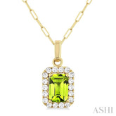 6x4 MM Octagonal Shape Peridot and 1/6 Ctw Round Cut Diamond Halo Semi-Precious Pendant with Chain in 10K Yellow Gold