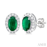 5x3 MM Oval Shape Emerald and 1/8 Ctw Single Cut Diamond Halo Precious Stud Earrings in 10K White Gold