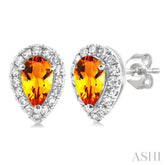 5x3 MM Pear Shape Citrine and 1/8 Ctw Single Cut Diamond Halo Semi-Precious Stud Earrings in 14K White Gold
