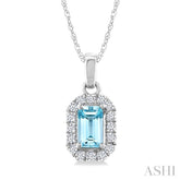 5x3 MM Octagonal Shape Aquamarine and 1/20 Ctw Round Cut Diamond Halo Semi-Precious Pendant with Chain in 10K White Gold