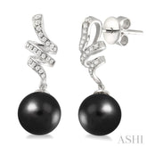 9 MM Black Cultured Pearls and 1/5 Ctw Round Cut Diamond Earrings in 14K White Gold