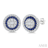 1/3 Ctw Circular Shape 1.00MM Round Cut Sapphire, Baguette and Round Cut Diamond Fusion Precious Stud Earrings in 14K White Gold