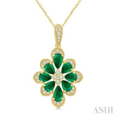 1/6 Ctw Floral Motif 5X3MM & 4X3MM Pear Cut Emerald and Round Cut Diamond Precious Pendant With Chain in 10K Yellow Gold