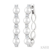 1/4 Ctw 4MM White Pearl and Round Cut Diamond Fashion Hoop Earrings in 14K White Gold