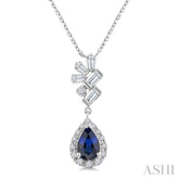 6X4MM Pear Cut Sapphire, Round and 1/4 Ctw Baguette Cut Scatter Diamond Precious Fashion Pendant With Chain in 10K White Gold