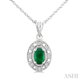 5x3 MM Oval Shape Emerald and 1/20 Ctw Round Cut Diamond Pendant in 14K White Gold with Chain