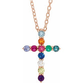 14K Rose Gold Natural Multi-Gemstone & .03 CT Natural Diamond Cross 16-18" Necklace