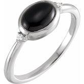 14K White Gold 8x6 mm Round Natural Black Onyx & .03 CTW Natural Diamond Ring
