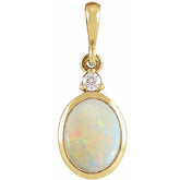 14K Yellow Gold 12x10 mm Natural White Opal & .03 CT Natural Diamond Cabochon Pendant
