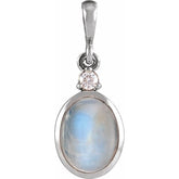 Platinum 10x8 mm Natural Rainbow Moonstone & .03 CT Natural Diamond Cabochon Pendant