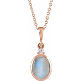 14K Rose Gold 10x8 mm Natural Rainbow Moonstone & .03 CT Natural Diamond 16-18" Necklace