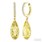 12X5 MM Evoque Gemstones Pear Shape Lemon Quartz and 1/10 Ctw Round Cut Diamond Semi-Precious Earrings in 10K Yellow Gold