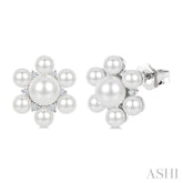 3MM & 5.5MM White Cultured Pearl and 1/10 Ctw Floral Round Cut Diamond Fashion Earrings in 10K White Gold