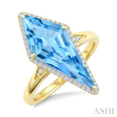 22X9 MM Evoque Gemstones Kite Shape Blue Topaz and 1/5 Ctw Round Cut Diamond Semi-Precious Ring in 14K Yellow Gold