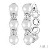 5 MM Cultured Pearl and 1/10 Ctw Round Cut Diamond Flower Earrings in 14K White Gold