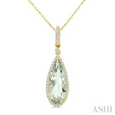 16X6 MM Evoque Gemstone Pear Shape Green Amethyst and 1/5 Ctw Round Cut Diamond Semi-Precious Pendant With Chain in 10K Yellow Gold