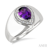 8X5MM Pear Cut Amethyst and 1/20 Ctw Round Cut Diamond Semi-Precious Bold Ring in Sterling Silver
