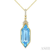 22X8 MM Hexagon Shape Blue Topaz and 1/10 Ctw Round Cut Diamond Semi-Precious Pendant With Chain in 14K Yellow Gold