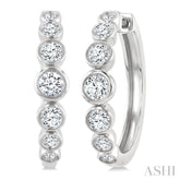 1 1/10 Ctw Graduated Bezel Set Round Cut Diamond Fashion Hoop Earrings in 14K White Gold
