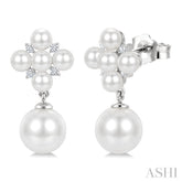 3MM & 7MM White Cultured Pearl and 1/10 Ctw Round Cut Diamond Fashion Earrings in 10K White Gold