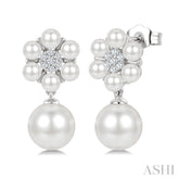 3MM & 7MM White Cultured Pearl and 1/10 Ctw Floral Round Cut Diamond Fashion Earrings in 10K White Gold