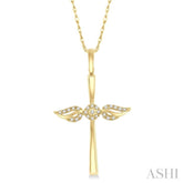 1/10 Ctw Angel Wing Round Cut Diamond Cross Petite Pendant With Chain in 10K Yellow Gold