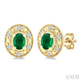 4x3 MM Oval Shaped Emerald and 1/10 Ctw Single Cut Diamond Earrings in 14K Yellow Gold