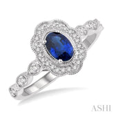 6x4 MM Oval Shape Sapphire and 1/6 Ctw Round Cut Diamond Precious Ring in 10K White Gold