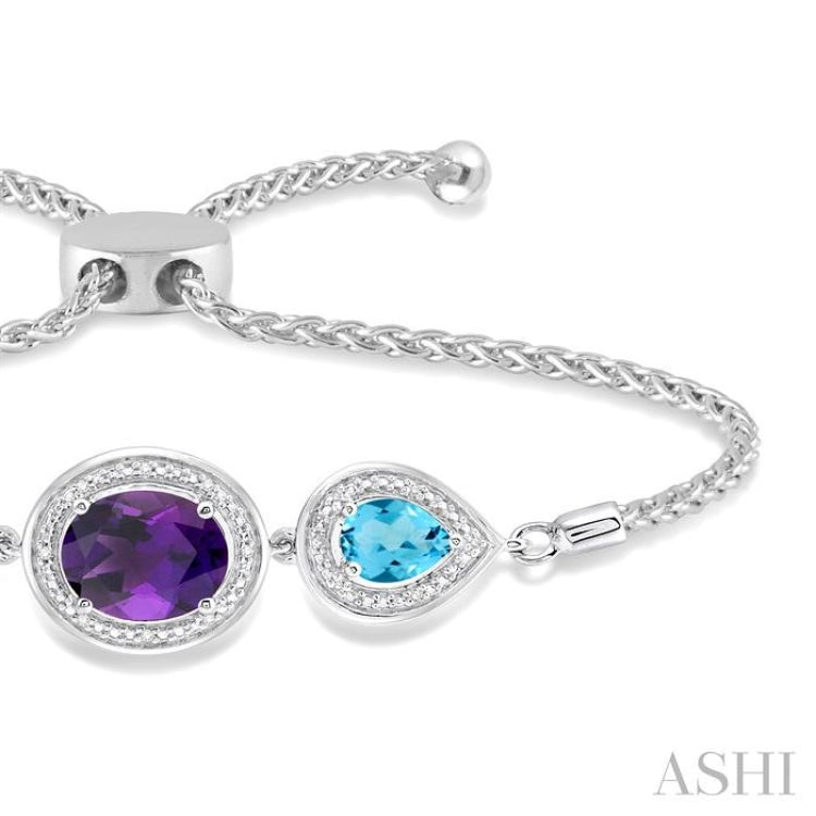 10x8 MM Oval Shape Amethyst & 7x5 MM Pear Shape Blue Topaz and 1/20 Ctw Round Diamond 3Stone Sterling Silver Lariat Bracelet 10x8 MM Oval Shape Amethyst & 7x5 MM Pear Shape Blue Topaz and 1/20 Ctw Round Diamond 3Stone Sterling Silver Lariat Bracelet