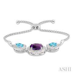 10x8 MM Oval Shape Amethyst & 7x5 MM Pear Shape Blue Topaz and 1/20 Ctw Round Diamond 3Stone Sterling Silver Lariat Bracelet 10x8 MM Oval Shape Amethyst & 7x5 MM Pear Shape Blue Topaz and 1/20 Ctw Round Diamond 3Stone Sterling Silver Lariat Bracelet
