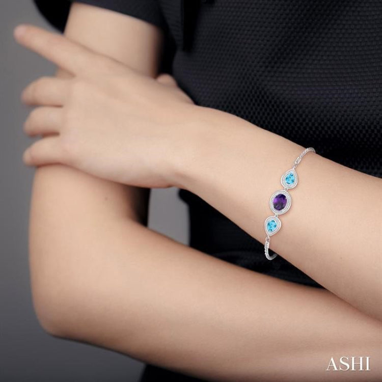10x8 MM Oval Shape Amethyst & 7x5 MM Pear Shape Blue Topaz and 1/20 Ctw Round Diamond 3Stone Sterling Silver Lariat Bracelet 10x8 MM Oval Shape Amethyst & 7x5 MM Pear Shape Blue Topaz and 1/20 Ctw Round Diamond 3Stone Sterling Silver Lariat Bracelet