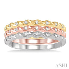 1/5 ctw Twisted Top Three Tone Round Cut Diamond Stackable Band Set in 14K White, Yellow and Rose Gold 1/5 ctw Twisted Top Three Tone Round Cut Diamond Stackable Band Set in 14K White, Yellow and Rose Gold