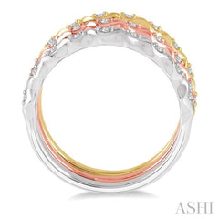 1/5 ctw Twisted Top Three Tone Round Cut Diamond Stackable Band Set in 14K White, Yellow and Rose Gold 1/5 ctw Twisted Top Three Tone Round Cut Diamond Stackable Band Set in 14K White, Yellow and Rose Gold