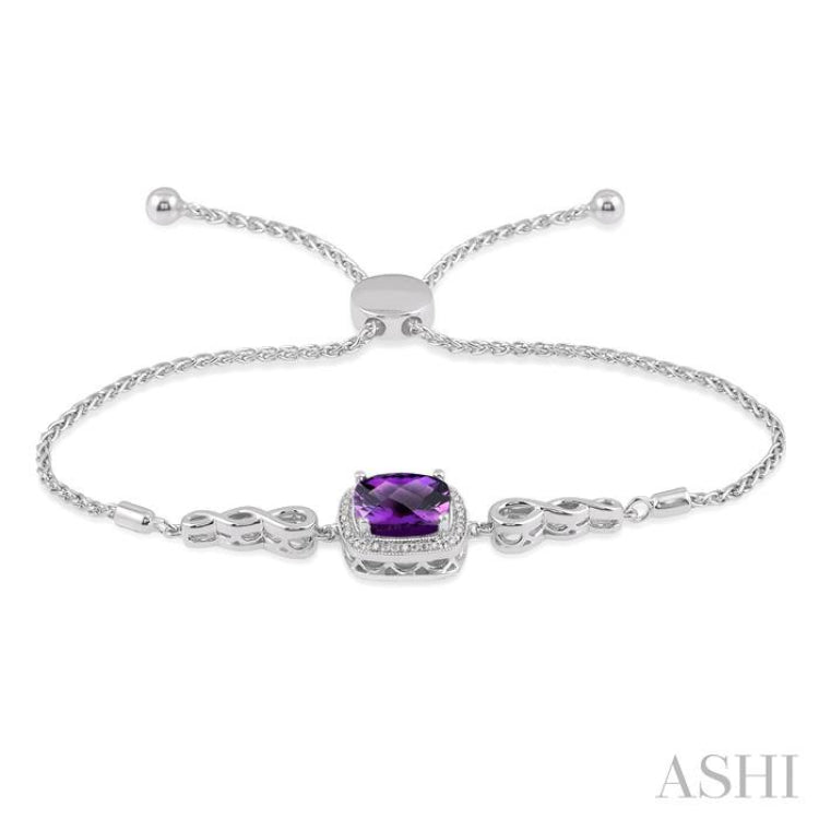 10x10 MM Cushion Shape Amethyst and 1/20 Ctw Round Cut Diamond Sterling Silver Lariat Bracelet 10x10 MM Cushion Shape Amethyst and 1/20 Ctw Round Cut Diamond Sterling Silver Lariat Bracelet