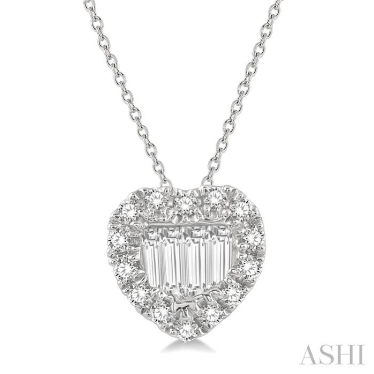 1/5 Ctw Heart Shape Baguette Center & Round Cut Diamond Pendant With Chain in 14K White Gold 1/5 Ctw Heart Shape Baguette Center & Round Cut Diamond Pendant With Chain in 14K White Gold