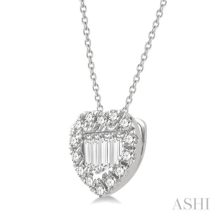 1/5 Ctw Heart Shape Baguette Center & Round Cut Diamond Pendant With Chain in 14K White Gold 1/5 Ctw Heart Shape Baguette Center & Round Cut Diamond Pendant With Chain in 14K White Gold