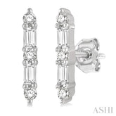 1/6 Ctw Solid Bar Baguette and Round Cut Diamond Petite Earring in 10K White Gold