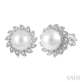 6x6 MM Round Shape Cultured Pearls and 1/10 Ctw Sunflower Round Cut Diamond Earrings in 10K White Gold