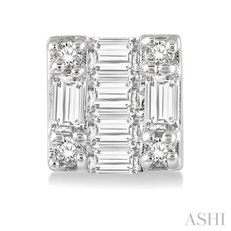1/6 Ctw Square Shape Baguette and Round Cut Diamond Petite Fashion Earring in 14K White Gold. 1/6 Ctw Square Shape Baguette and Round Cut Diamond Petite Fashion Earring in 14K White Gold.