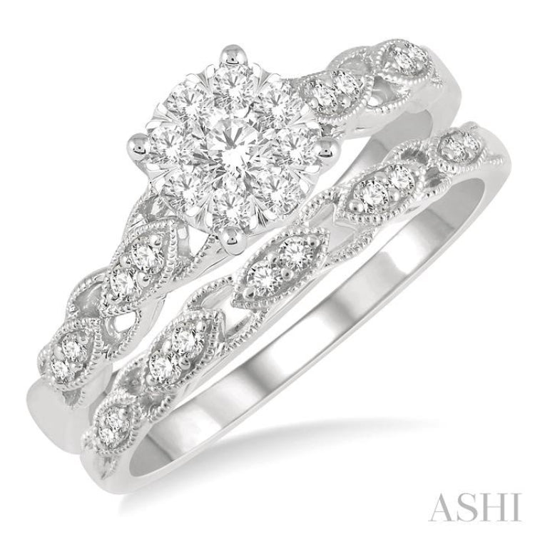 1/2 Ctw Lattice Lovebright Round Cut Diamond Wedding Set With 3/8 Ctw Circular Mount Engagement Ring and 1/10 Ctw Wedding Band in 14K White Gold 1/2 Ctw Lattice Lovebright Round Cut Diamond Wedding Set With 3/8 Ctw Circular Mount Engagement Ring and 1/10 Ctw Wedding Band in 14K White Gold