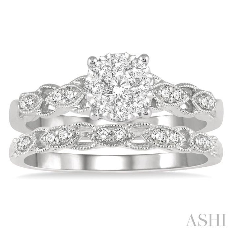 1/2 Ctw Lattice Lovebright Round Cut Diamond Wedding Set With 3/8 Ctw Circular Mount Engagement Ring and 1/10 Ctw Wedding Band in 14K White Gold 1/2 Ctw Lattice Lovebright Round Cut Diamond Wedding Set With 3/8 Ctw Circular Mount Engagement Ring and 1/10 Ctw Wedding Band in 14K White Gold