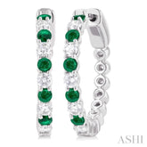 2.4 MM Round Shape Emerald and 5/8 Ctw Round Cut Diamond Precious Hoop Earring in 14K White Gold