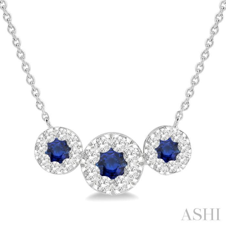 3.8 MM & 3 MM Sapphire and 5/8 Ctw Round Cut Diamond Past Present & Future Precious Necklace in 14K White Gold 3.8 MM & 3 MM Sapphire and 5/8 Ctw Round Cut Diamond Past Present & Future Precious Necklace in 14K White Gold