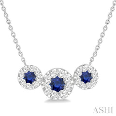 3.8 MM & 3 MM Sapphire and 5/8 Ctw Round Cut Diamond Past Present & Future Precious Necklace in 14K White Gold 3.8 MM & 3 MM Sapphire and 5/8 Ctw Round Cut Diamond Past Present & Future Precious Necklace in 14K White Gold